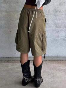 Cargo Shorts For Women Elastic Waist Knee Length  Shorts Summer Outdoor Waterproof Hiking Pants With Pockets - Army Green - View 4