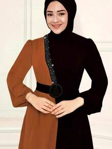 Women's Modern Fashionable Color Block Arabic Robe, High-Waist Rhinestone Embellished Robe, Dignified And Elegant Spring Black - Black - View 4