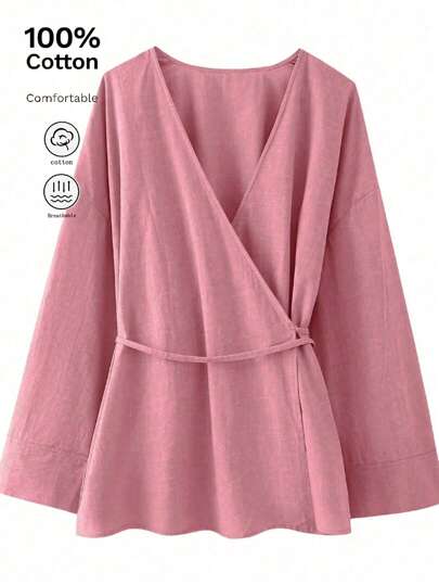 优雅长袖落肩女式衬衫，喇叭下摆和裹身设计