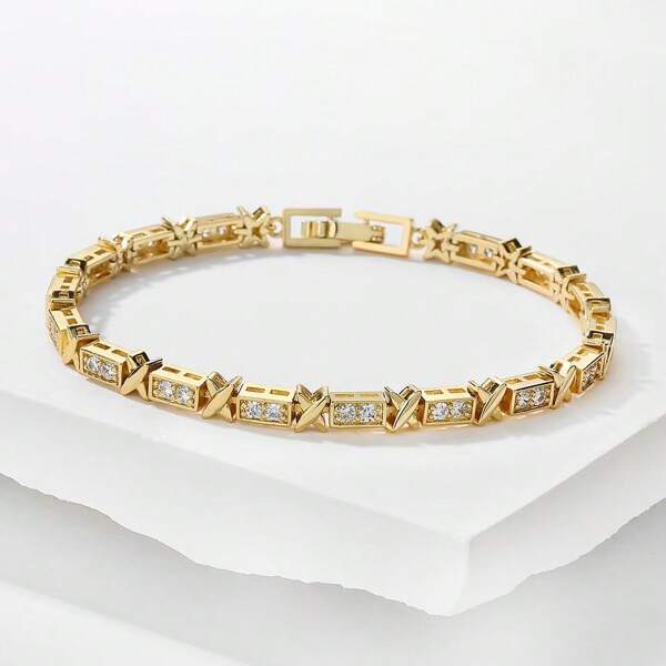 1pc Luxury Mixed Color Copper Zirconia Inlaid X-Shaped Bracelet, Suitable For Women's Daily Decoration