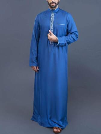 Men's Elegant Stand Collar Long Sleeve Casual Blue Middle Eastern Traditional Cultural Arabic Style Elegant Long Robe