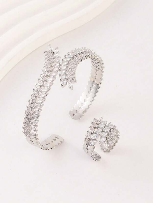 1 Set Copper Plated White Gold Cubic Zirconia Leaf Open Ring & Bracelet 2 Pieces Set