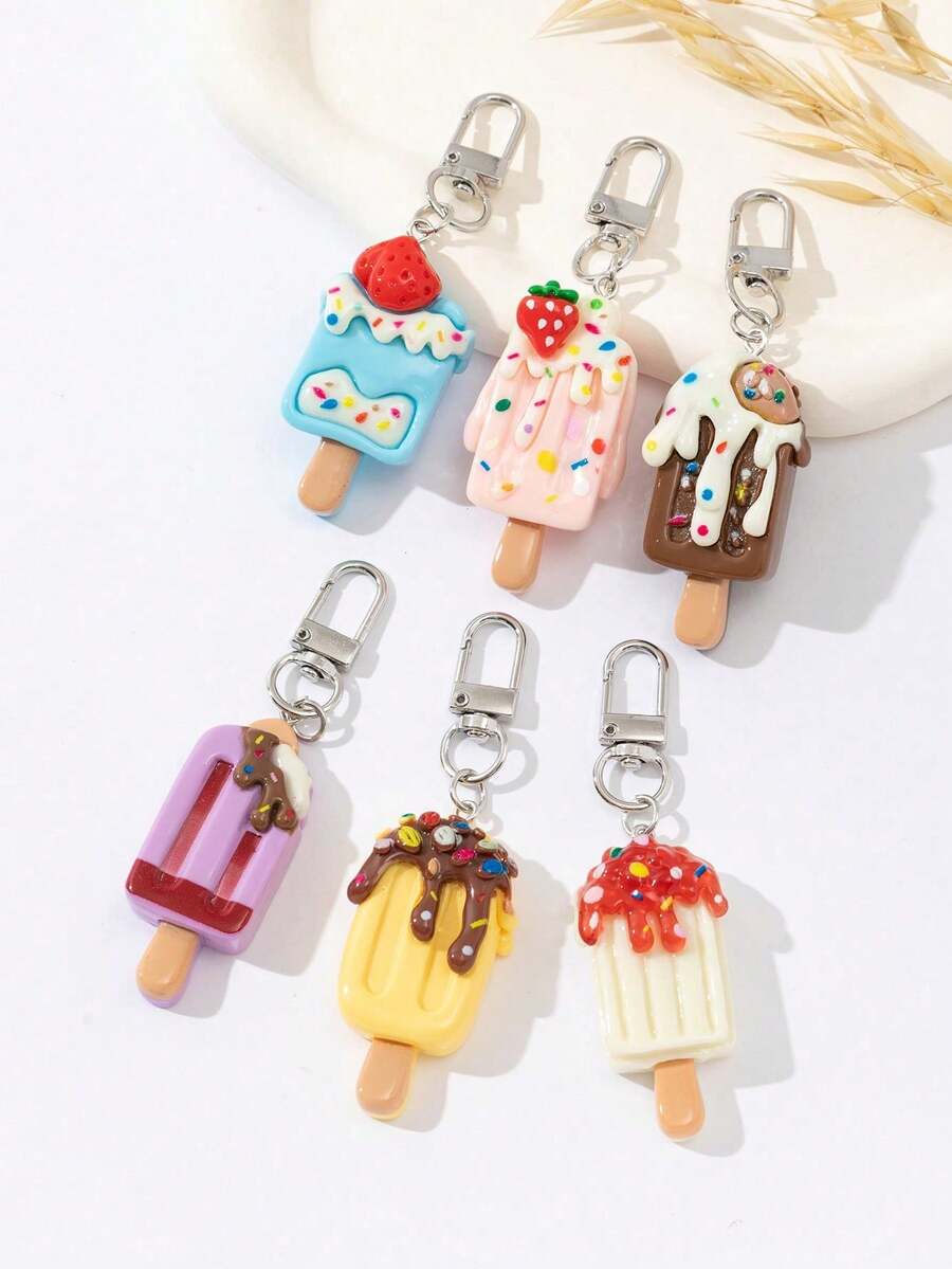 6pcs Mixed Color Cute 3D Realistic Ice Cream Popsicle Bag Charm Pendant Keychain For Bag Car Accessories For Women - Multicolor - View 1