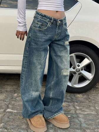 여성용 섹시한 저허리 찢어진 엘라스틱 허리 스트레이트 와이드 레그 청바지