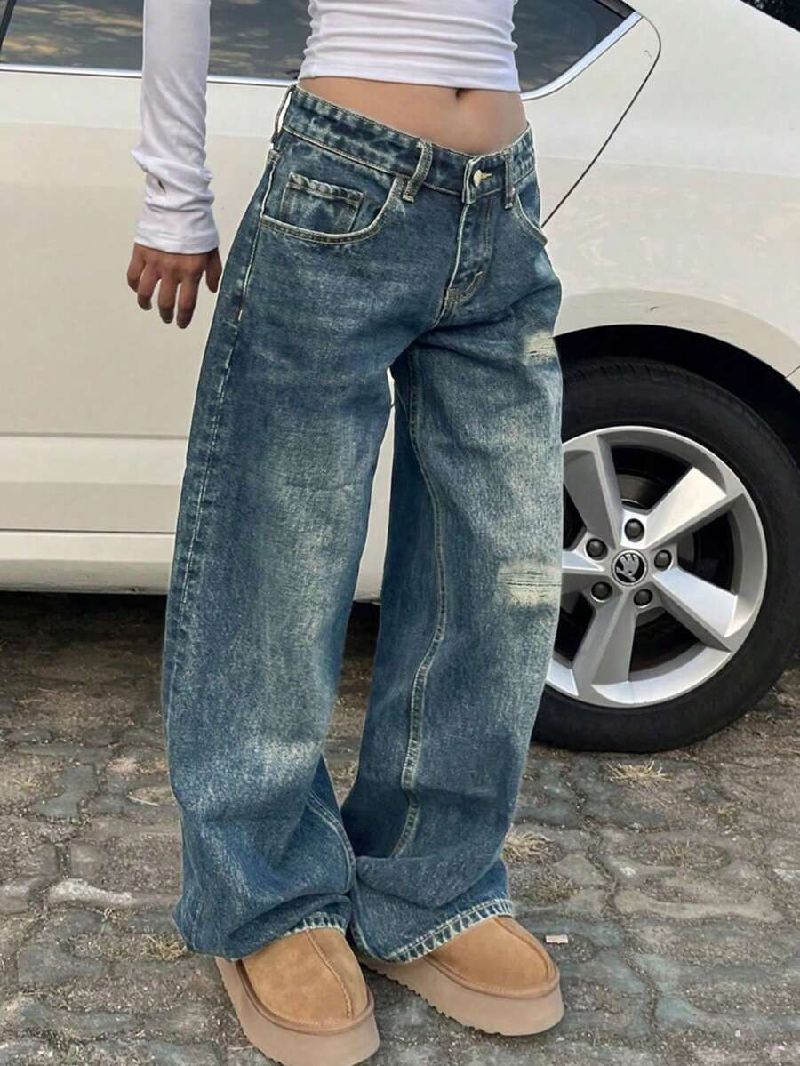 Women's Sexy Low-Waist Ripped Elastic Waist Straight Wide-Leg Jeans