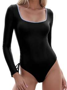Women Long Sleeve One Piece Rashguard Swimsuit, Slim Fit Beach Vacation Pool Swimming Wear