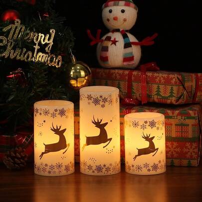 Wondise Flickering Flameless Pillar Candles With Timer, Battery Operated Real Wax Warm Light Christmas Tree Pine Tree Decal Candle For Home Decoration Christmas Gifts, Set Of 3(D3 X H4/5/6 Inch)