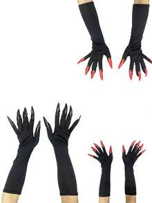 1 Pair Of Black Witch Gloves With Claw Nails, Halloween Horror And Bloody Cat Claw Rubber Gloves ,Theme Party Role-Playing, Women's Clothing Accessories, Suitable For Halloween Women's Gloves
