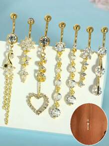 7pcs Set Copper Micro-Inlaid Flower Tassel Pendant Navel Ring, 316 Stainless Steel Exquisite Super Shiny Zirconia Navel Piercing Jewelry