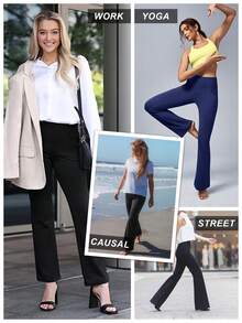 ZUTY 2 Piece Set Women's Bootcut Yoga Dress Pants Stretch Lightweight Work Office Flare Leggings Wide Leg With Belt Loops 4 Pockets - 黑色-深灰色 - 查看 5