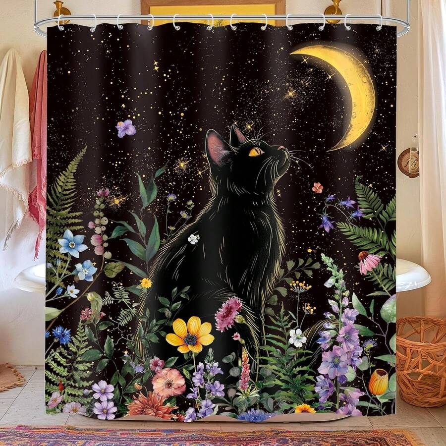 猫咪月相浴帘 波西米亚风曼陀罗花卉蝴蝶巫术星辰神秘布料防水涤纶浴室家居装饰 60x72 英寸防水浴帘可机洗 66x72 英寸柔软浴室浴帘套装带 12 个挂钩 36x72 英寸速干浴帘浴室装饰 - N1flower 月貓-0 - 查看 1