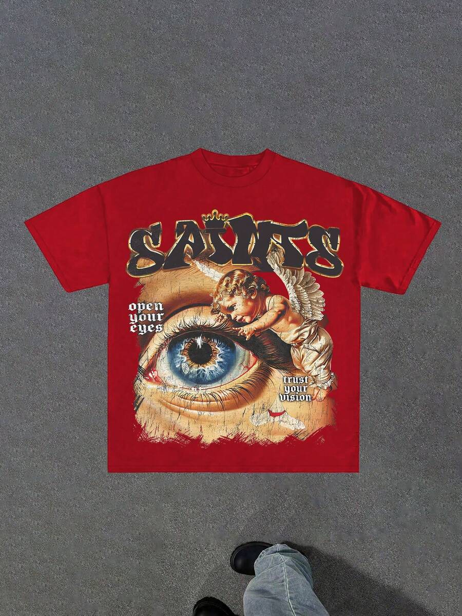 SAINTS Y2K Gothic Clothing(Cotton T-Shirt) Men's Round Neck Short-Sleeved Cotton Casual T-Shirt, Loose Style, Versatile, Unisex, Suitable For Holiday Travel! - 紅色1 - 查看 1