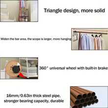 Multifunctional Clothes Rack With Triangle Frame And Wheels, Portable Coat Hanger For Bedroom Living Room Closet Organization,Black Metal - Black - View 6