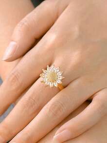 1pc Copper Elegant Rotating Peach Blossom Ring, Unique Design Birthday Gift For Girlfriend - Sunflower - View 7