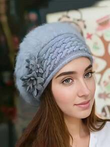 花卉装饰条纹宽松针织帽，纯色针织帽，弹力针织帽，保暖贝雷帽，适合女性日常使用，秋冬情人节 - 彩色 - 查看 23