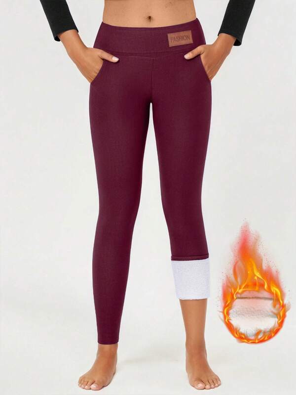 1pc Pocket Design Thermal Lined Breathable Women Leggings, Suitable For Autumn/Winter Outdoor Sports, Fitness, Yoga