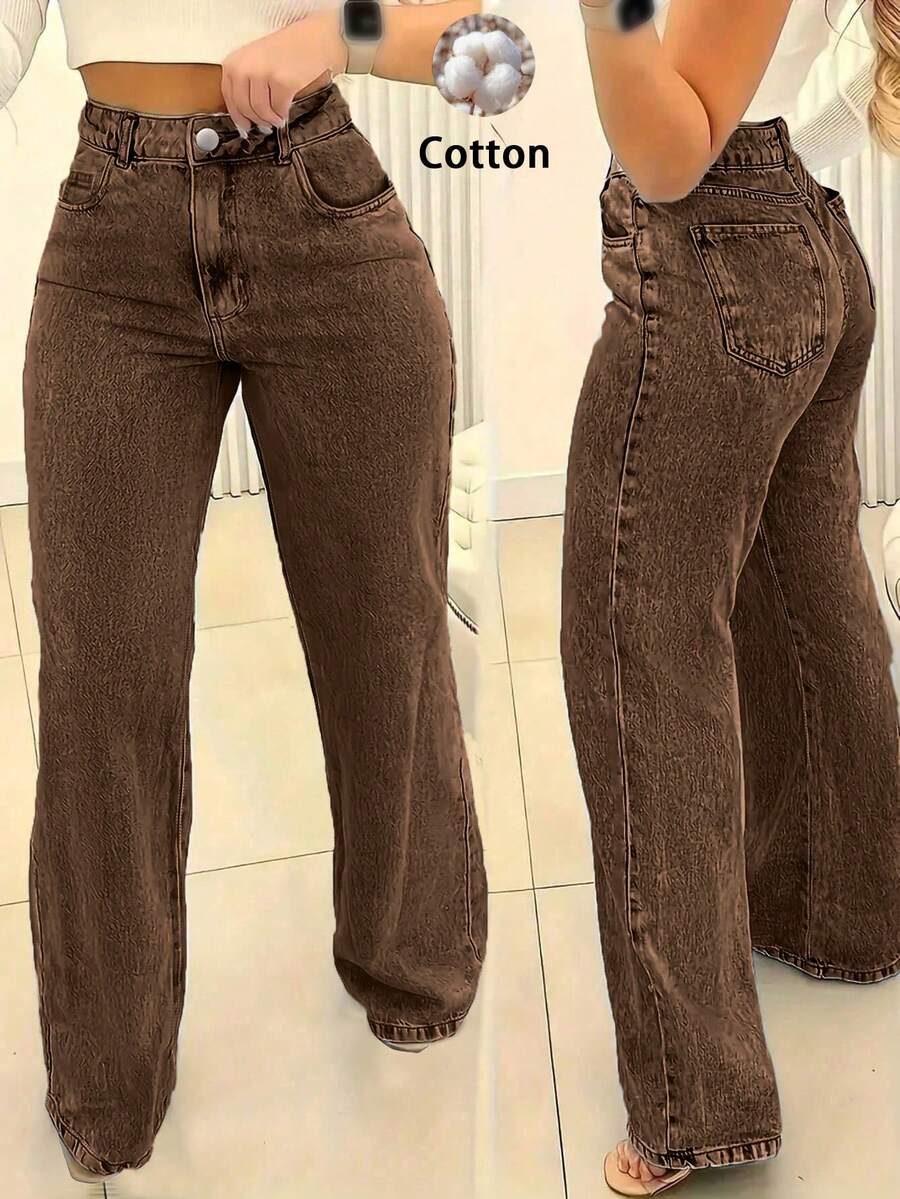 Jeans rectos básicos casuales sueltos con bolsillo insertado para mujeres de comercio transfronterizo - Marrón - Ver 1