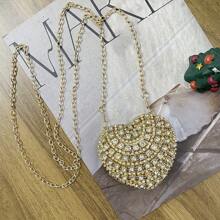 Luxury Mini Diamond Inlay Heart Shape Crystal Clutch Purse Stones Evening Wedding Party Shoulder Bags Handle Rhinestone Handbags ,Wedding - Gold - View 8