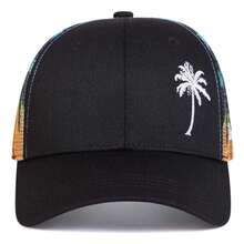 1 件男士椰子树卡车司机帽，刺绣印花棒球帽，街头时尚户外防晒休闲网帽，适合春季、秋季、旅行、海滩 - 彩色 - 查看 5