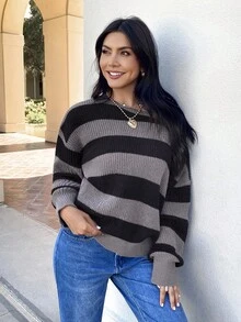 EMERY ROSE Women's Loose Fit Drop Shoulder Long Sleeve Striped Casual Sweater, Fall & Winter,Ladies Late Fall Casual Long Sleeve Loose Multicolor Drop Shoulder Pullovers Women Sweaters,Long Sleeve Tops - Multicolor - View 2