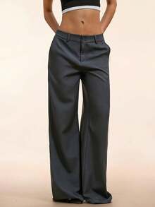 CharmGlow Simple Deep Gray Straight Leg High-Waisted Wide-Leg Women's Trousers - 灰色 - 查看 1