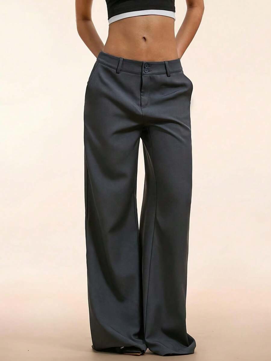 CharmGlow Simple Deep Gray Straight Leg High-Waisted Wide-Leg Women's Trousers - 灰色 - 查看 1