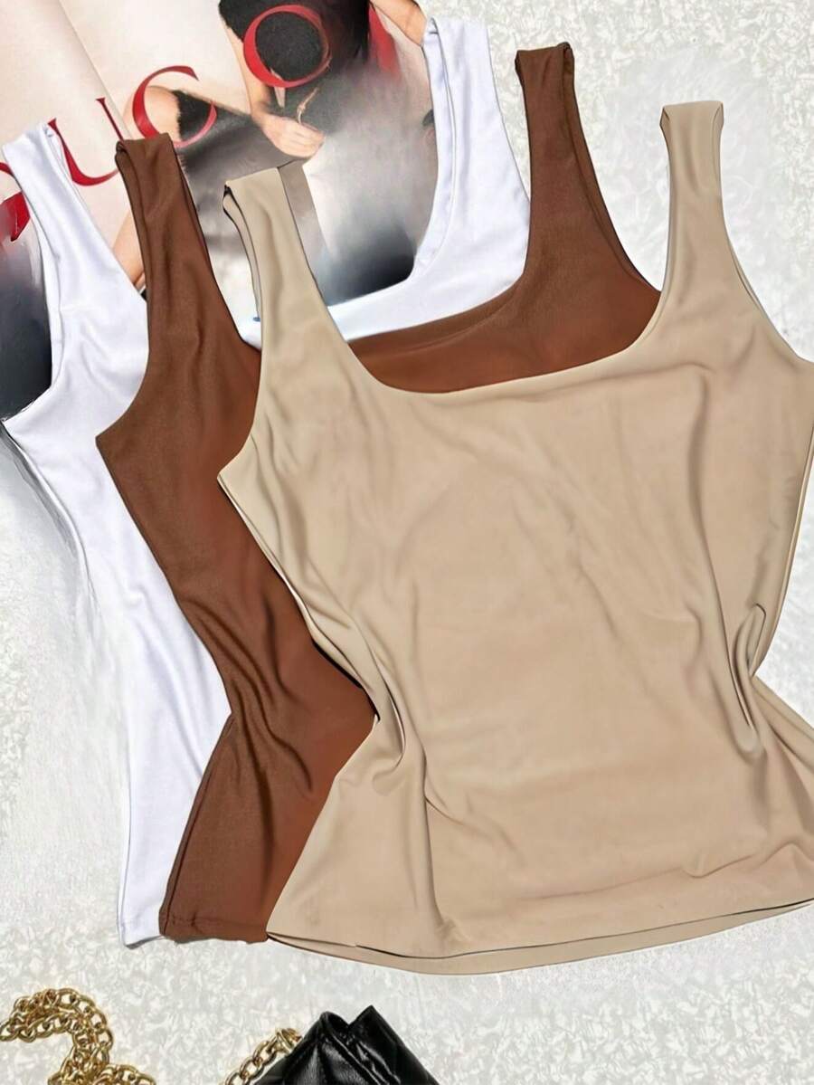 Kit Of 3 Women's Tank Tops, Summer, Suplex, Double Lining, Basic, Plain - 裸白和棕色 - 查看 1