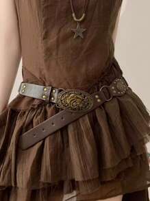 1 pieza Cinturón casual de mujer con estilo retro punk rock Y2K, con remaches, parches y hebilla de metal, para verano, escuela, otoño, Halloween