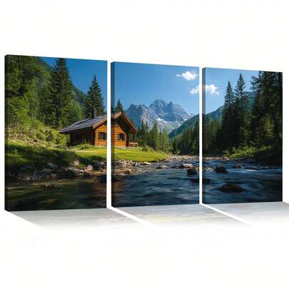 Quadro Decorativo Cabana ao Lado do Rio MDF Mosaico Sala Quarto Escritório Impressão Em Hd