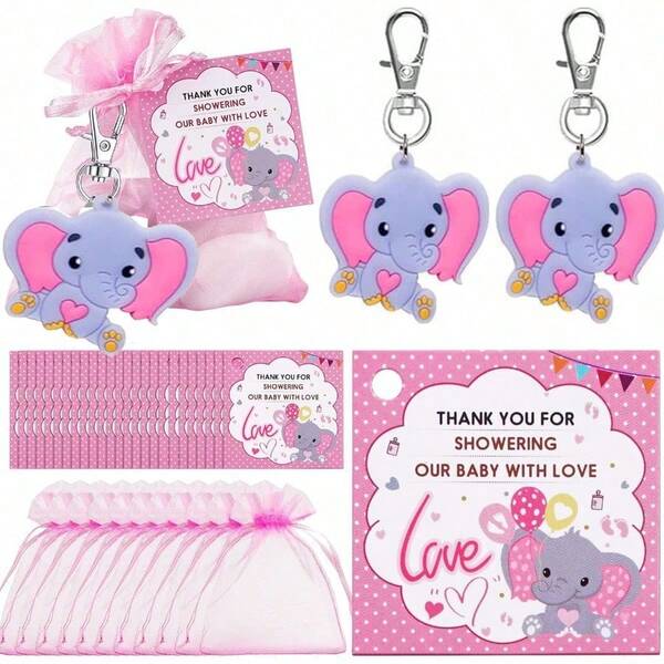 30 قطعة/مجموعة هدايا للاستحمام مناسبة للأولاد والبنات، هدايا للضيوف تشمل سلسلة مفاتيح بشكل فيل وحقائب بسحاب وبطاقات شكر لحفلة الاستحمام
