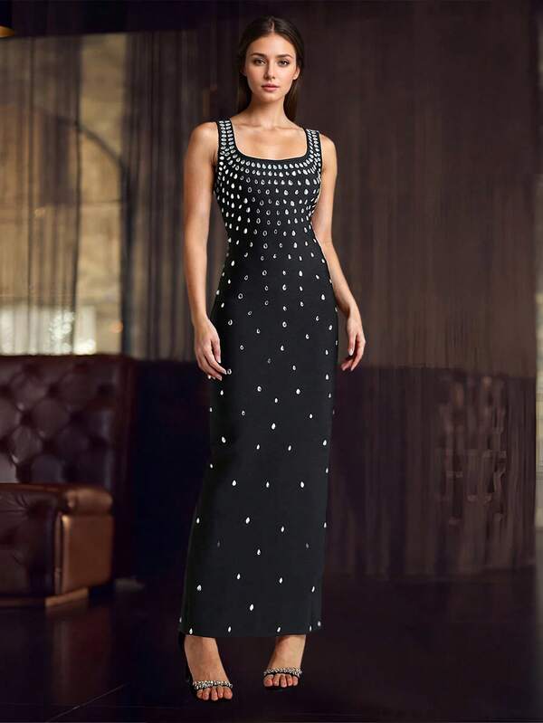 Scollo a U nero, elegante tempere con strass scintillanti, spacco stretto lungo da donna per feste, compleanni e matrimoni