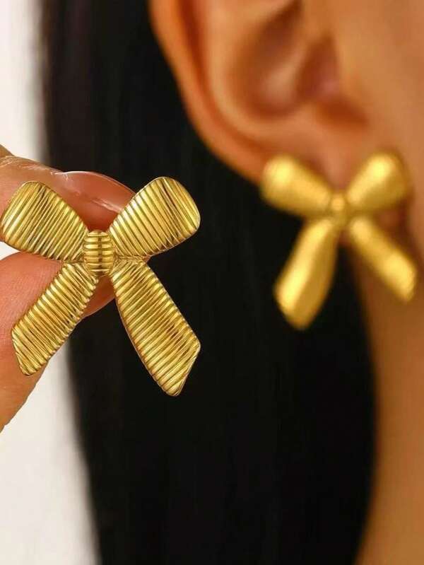 1 Pair Fashionable Women's Stainless Steel Stud Earrings, Elegant Minimalist Bow Earrings For Daily Wear And Vacation
