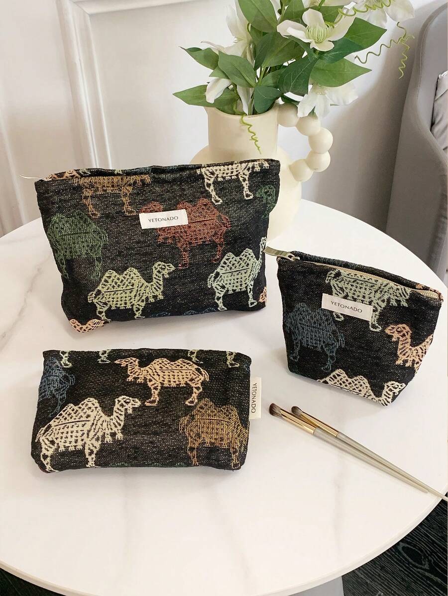 1个黑色背景彩色骆驼图案化妆包，时尚休闲大容量便携拉链化妆包，旅行度假必备化妆包，可收纳卫生巾、卫生棉、有线耳机、耳塞、头戴式耳机、充电器、口红、化妆品、香水、护肤品和美容产品，家居装饰，适合学生使用，可装钥匙，节日礼物袋，女士礼物，圣诞礼物，女士礼品创意，化妆包，旅行必备