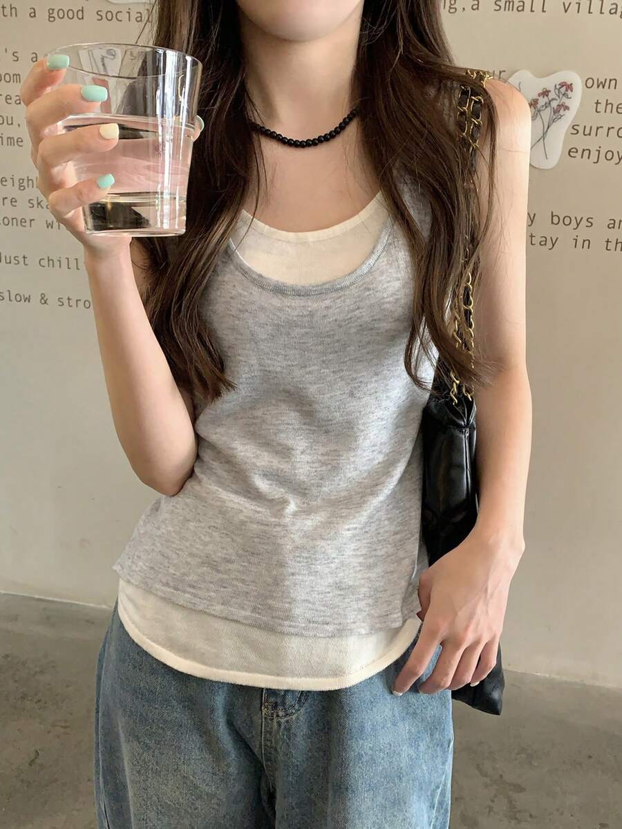 女款拼接對比色 2合1/解構街頭風無袖上衣休閒夏季款 - 淺灰色 - 查看 1