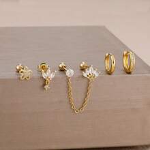 5 件双链长流苏耳环女套装，韩国 18K 镀金不锈钢和铜，锆石吊坠耳环穿孔珠宝 - 5pcs Earrings set - 查看 15
