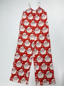 Women's Christmas Print Sleeveless Jumpsuit - Strappy Wide Leg Romper, Holiday Party Outfit, Festive Fall Jumpsuit With Off-Shoulder For Women,Ideal For Christmas & Casual Wear, Must - Have Holiday Outfit, Stylish Festive Attire,Casual Fall Women Clothes - Red - View 6