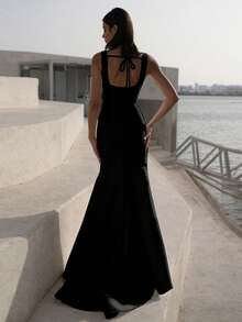 Basrey 黑色吊带高腰修身露背伴娘礼服美人鱼长裙，适合婚礼、单身派对、度假、晚宴、新娘、白色礼服