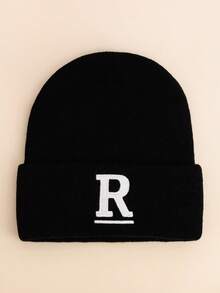 1pc Kids Black Uppercase Letter Embroidered Beanie, Minimalist Solid Color Soft Warm Fashion Accessory Knit Hat, Suitable For Boys & Girls In Autumn & Winter