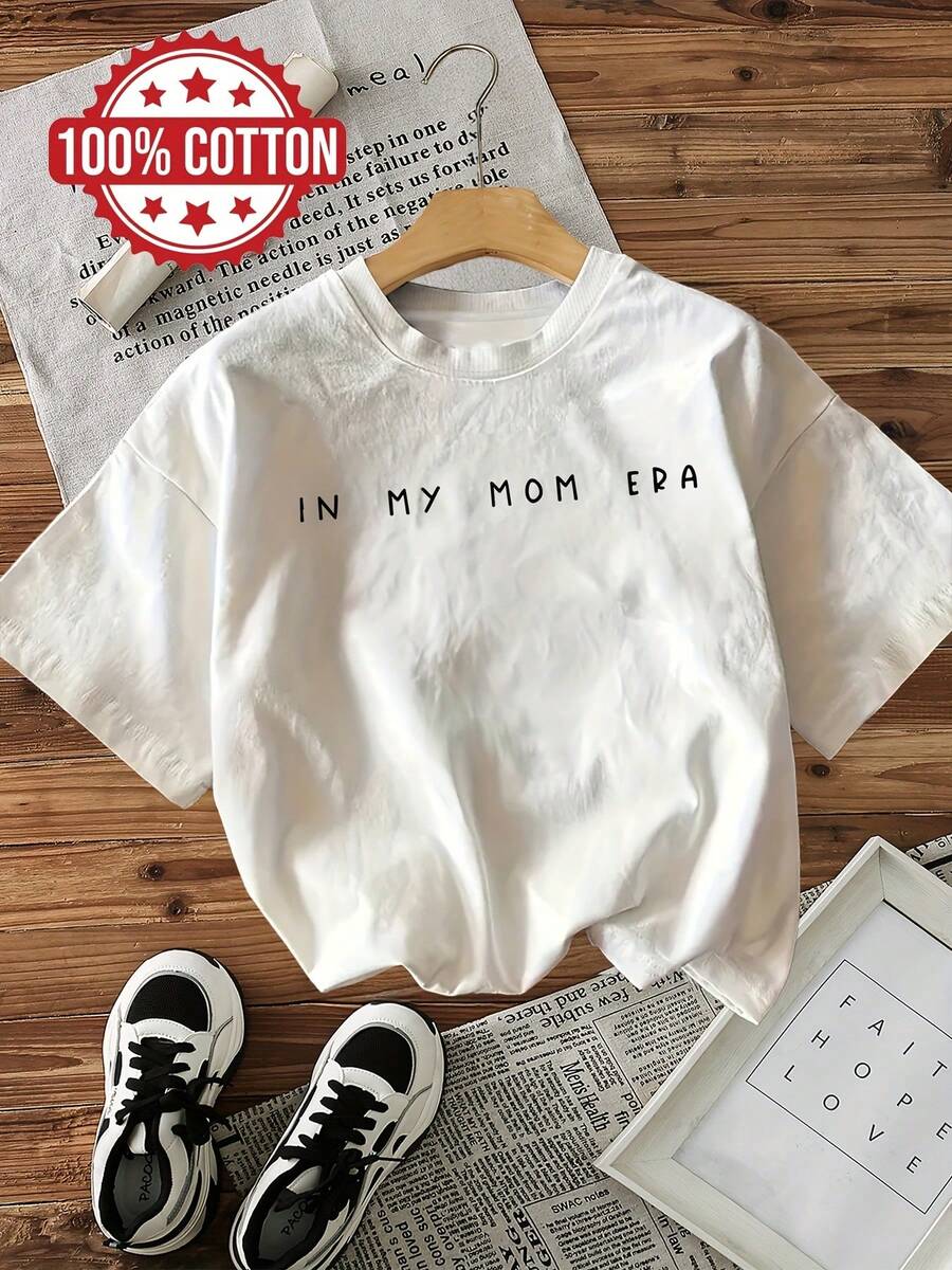Women's 'IN MY MOM ERA' Pattern Short Sleeve T-Shirt - White Crew Neck Casual Top With Bold Black Letter Print, Machine Washable Regular Fit For Spring And Summer, Soft Fabric Shirt - 白色 - 查看 1