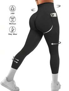 Seamless High Elastic Hip Lift Abdominal High-Waist Sports Leggings For Women, Women Both Sides Of The Pocket Design Leggings,Comfortable Breathable Leggings Suitable For Yoga Fitness Running, Multi-Color Optional (Black/Blue/Gray/Hot Pink/Brown) - 灰色 - 查看 1