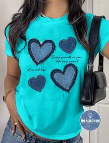 Playera básica mujer dama cuello redondo manga corta estampado GRAFICO DE CORAZON HEART GRAPHIC ESTAMPADO EFECTO MEZCLILLA DENIM EFFECT PRINT - Azul menta - Ver 1