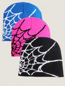 3 件万圣节蜘蛛网提花帽，优雅针织帽适合返校、旅行、派对、休闲、节日穿着秋季配饰 - 彩色 - 查看 4