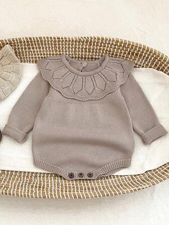 Autumn New Baby Romper, 0-2 Years Old Boys & Girls Hollow Collar Knitted Long Sleeve Jumpsuit (Size Runs Large, Please Order One Size Down)