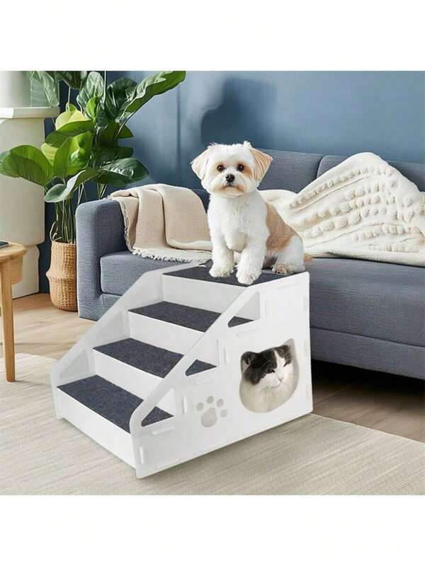 1 pezzo Rampa a 3/4 gradini per cani e gatti di piccola taglia - Materiale PP durevole, superficie antiscivolo con disegno a zampa, portatile e pieghevole per divano o letto, scaletta per animali da compagnia | Disegno gatto cartoni animati | Rampa in PP durevole