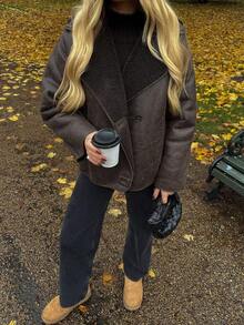 Chaqueta de invierno 2025 con forro de piel para mujer - Estilo callejero con solapa suelta con bolsillos y manga larga