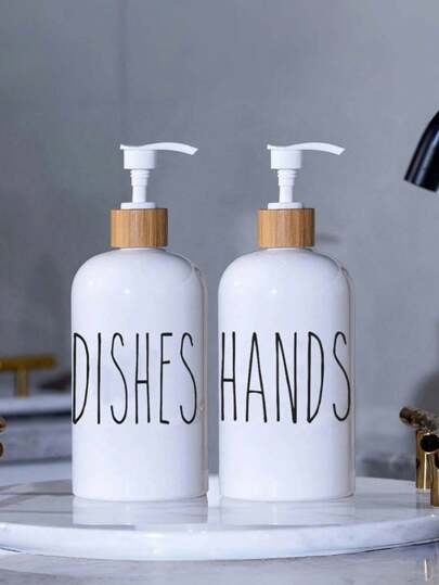 2 Stücke 500ml Boston runde Schulter Keramik weiße Bambuspumpe Spender Flaschen, nachfüllbare Arbeitsplatten Handwaschflüssigkeitsflaschen + wasserfeste Beschriftungsetiketten