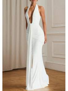 Women's Sexy Backless Spaghetti Strap Maxi Dress, Sleeveless Deep V-Neck Knit Party Evening Gown White Elegant Summer - White - View 6