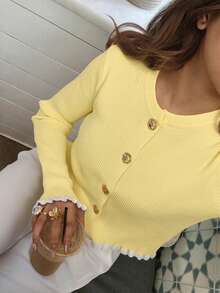 女士秋季毕业季休闲圆领奶油黄色荷叶边纽扣针织上衣套头衫工作/办公室 - 黃色 - 查看 5