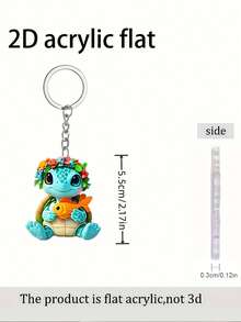 2D扁平可爱亚克力乌龟钥匙扣——花冠和鱼形设计，搭配浅蓝色和橙色点缀。1英寸小巧尺寸，非常适合背包和车钥匙。是宠物爱好者、情人节和毕业典礼的理想礼物。[产品需要手动安装。] - 彩色 - 查看 6