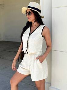 EMERY ROSE Women's Linen Contrast Color Trim Vest & Shorts Suit Set Old Money Style Set Two Pieces Commuter Suit Two Pieces Spring And Summer Suit Two Pieces Set - Apricot - View 4